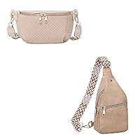 Myhozee Crossbody Fanny Pack - Small Leather Belt Bag for Women Sling Chest Woven Shoulder Travel Purse Waist Pack with Adjustable Wide Guitar Strap, Apricot