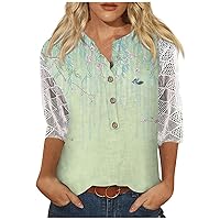 Ladies Summer Tops and Blouses 2023,3/4 Length Sleeve Tops V-Neck 3/4 Sleeve Blouse Print Lace Casual Loose Work Tunic Tee