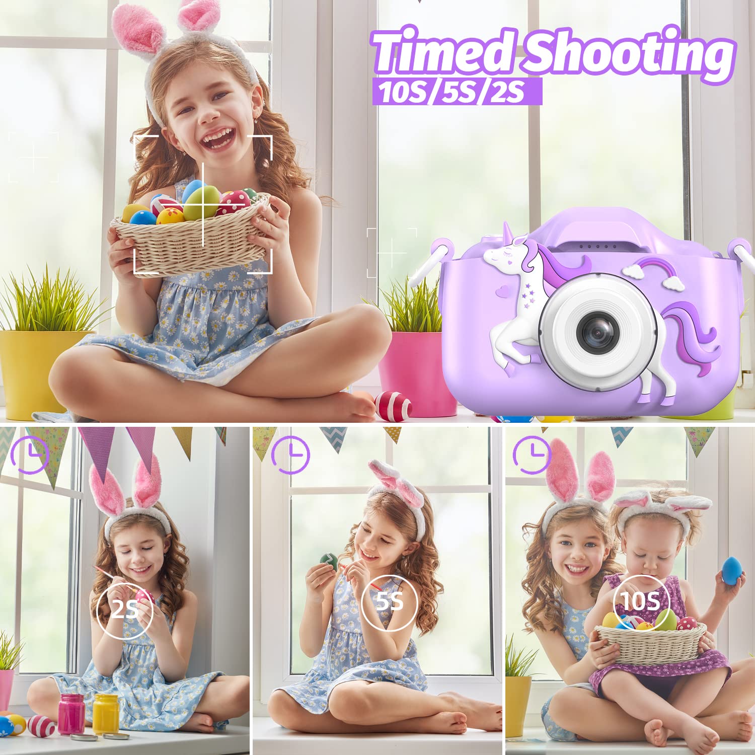 Mgaolo Children's Camera Toys for 3-12 Years Old Kids Boys Girls,HD Digital Video Camera with Protective Silicone Cover,Christmas Birthday Gifts with 32GB SD Card (Unicorn Purple)