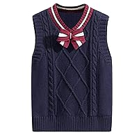 TiaoBug Kids Girls V Neck Uniform Waistcoat Bow Tie Ribbed Trim Twisted Knitted Vest Top Sweater Crochet Knitwear