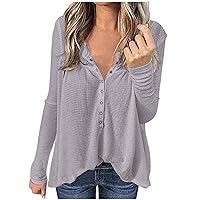 Casual Waffle Knit Tops for Women Loose Fit V Neck Henley Tshirts Solid Color Fall Long Sleeve Sweater Pullover Tee Shirts