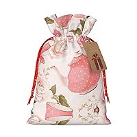MQGMZ Tea Cups With Roses Romantic Shabby Print Christmas Drawstrings Bags For Xmas Party Favors Christmas Supplies Gift Bags