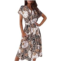 Women's Flowy V-Neck Glamorous Dress Casual Loose-Fitting Summer Swing Short Sleeve Long Floor Maxi Print Beach Black
