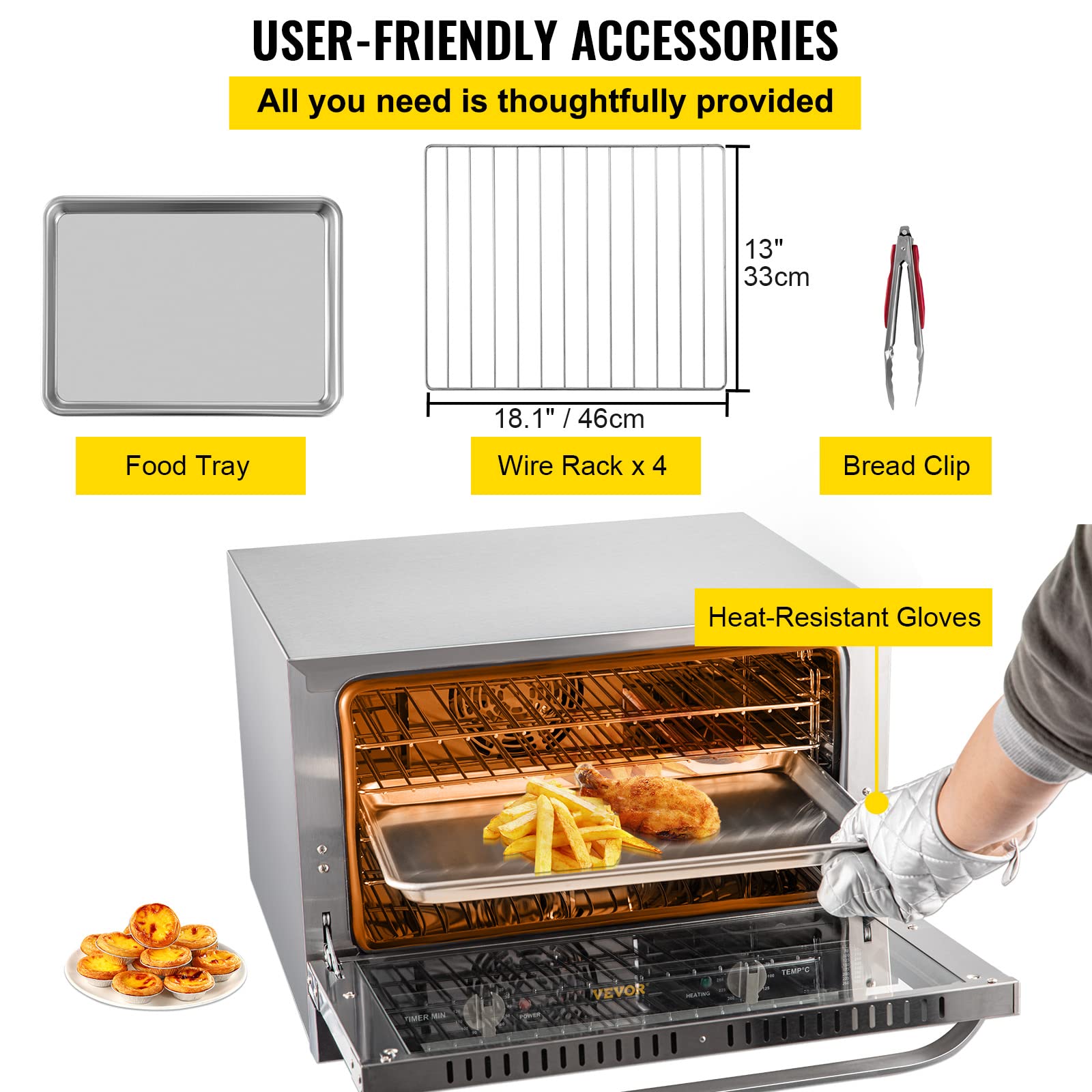 VEVOR Commercial Convection Oven, 47L/43Qt, Half-Size Conventional Oven Countertop, 1600W 4-Tier Toaster w/Front Glass Door, Electric Baking Oven w/Trays Wire Racks Clip Gloves, 120V