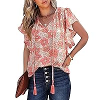 Women Fashion Tops Summer Floral Print V Neck T Shirt Ruffle Short Sleeve Casual Strappy Blouse Tunics