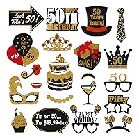 Amosfun 50th Happy Birthday Photo Booth Props Set Black Gold Adult Birthday Party Selfie Props DIY Dress Up Accessory Party Decoration Supplies 21PCS
