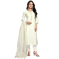Rajnandini Women's Off-White Coloured Pure Cambric Cotton Floral Embroidered Kurta Set With Dupatta (S - Size)