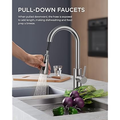 FORIOUS Kitchen Faucet with Pull Down Sprayer Brushed Nickel, High Arc Single Handle Kitchen Sink Faucet with Deck Plate, Commercial Modern rv Stainless Steel Kitchen Faucets, Grifos De Cocina