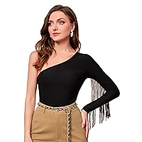 GORGLITTER Women's One Shoulder Fringe Tee Tops Long Sleeve Cold Shoulder Tassel T Shirt