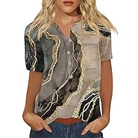 2024 Summer Short Sleeve for Women V Neck Button Down Flora Print Tops Fashion Casual Holiday T Shirts with Pocket