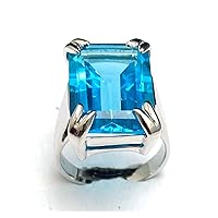 R0768B Big Classic Style Swiss Blue Helenite Rectangle 13x18mm 16Ct Sterling Silver Ring