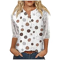 Womens 3/4 Length Sleeve Tops,Women Fall V Neck 3/4 Sleeve Shirts Print Lace Casual Button Blouse Loose Work Tunic Tops