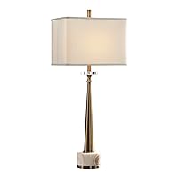 MY SWANKY HOME Mid Century Modern Tapered Brass Table Lamp | Gold White Marble Buffet Slim