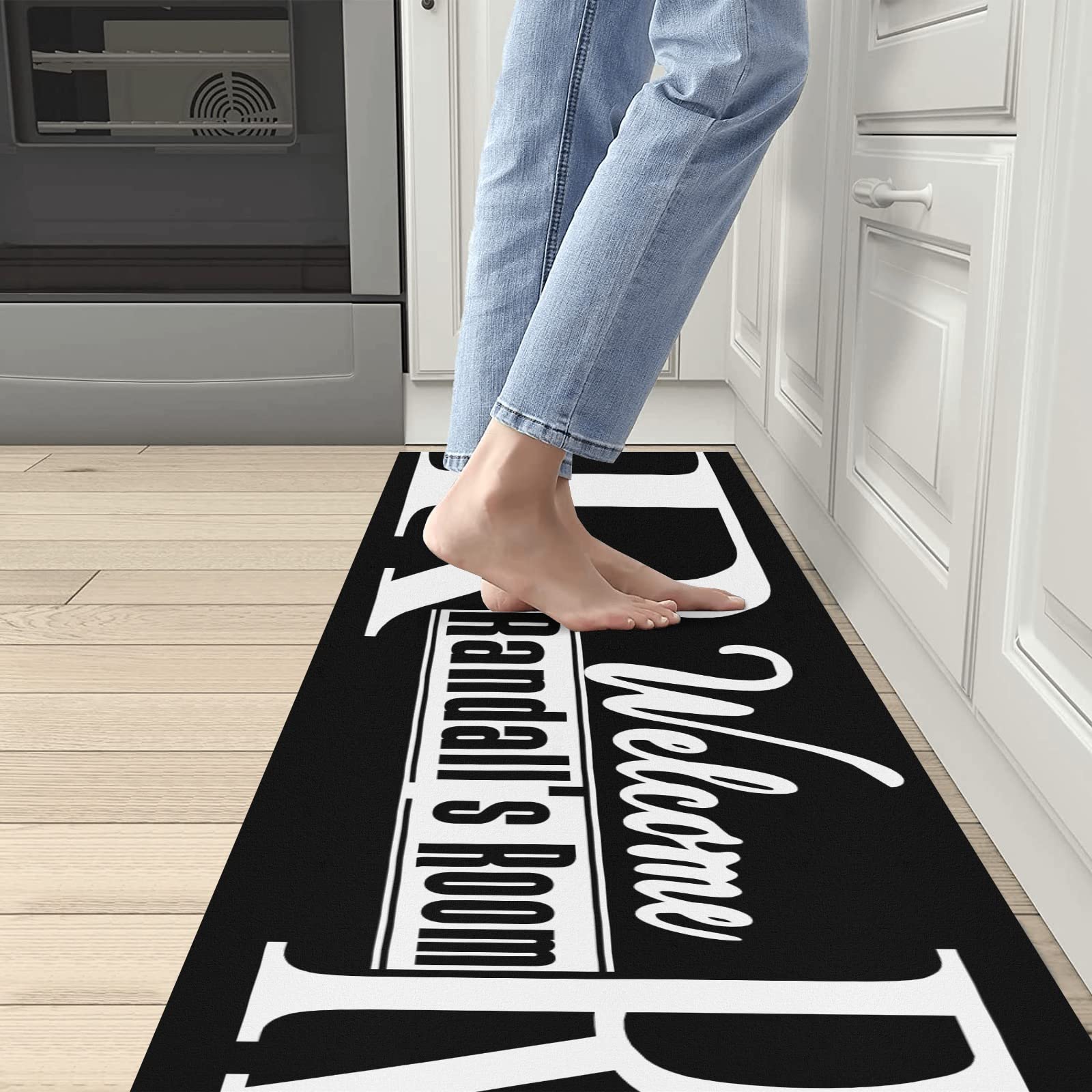 Custom Welcome Room Black White Kitchen Mats with Name Text Non Slip Soft Rubber Doormats Runner Carpets Rugs for Bathroom Bedroom Laundry Decor 48x17 Inch