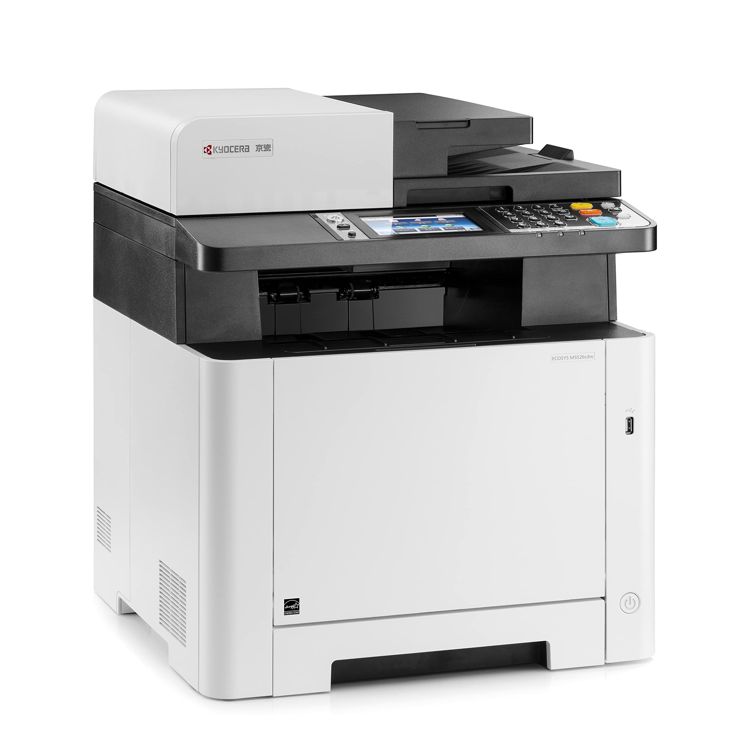 Kyocera ECOSYS M5526cdw All-in-One Color Laser Printer (Print/Copy/Scan/Fax), 27 ppm, Up to Fine 1200 dpi, Gigabit Ethernet, Wireless & Wi-Fi Direct, Standard Duplex, 4.3in Touchscreen Panel, 512 MB