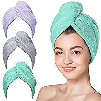 Hicober Microfiber Hair Towel, 3 Packs Hair Turbans for Wet Hair, Drying Hair Wrap Towels for Curly Hair Women Anti Frizz (Green,Purple,Grey)