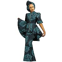 2022 African Dresses for Women, Draped Puff Sleeve Jacket, Print Ruffles, Customizable Mermaid Dress with Turban Headwrap