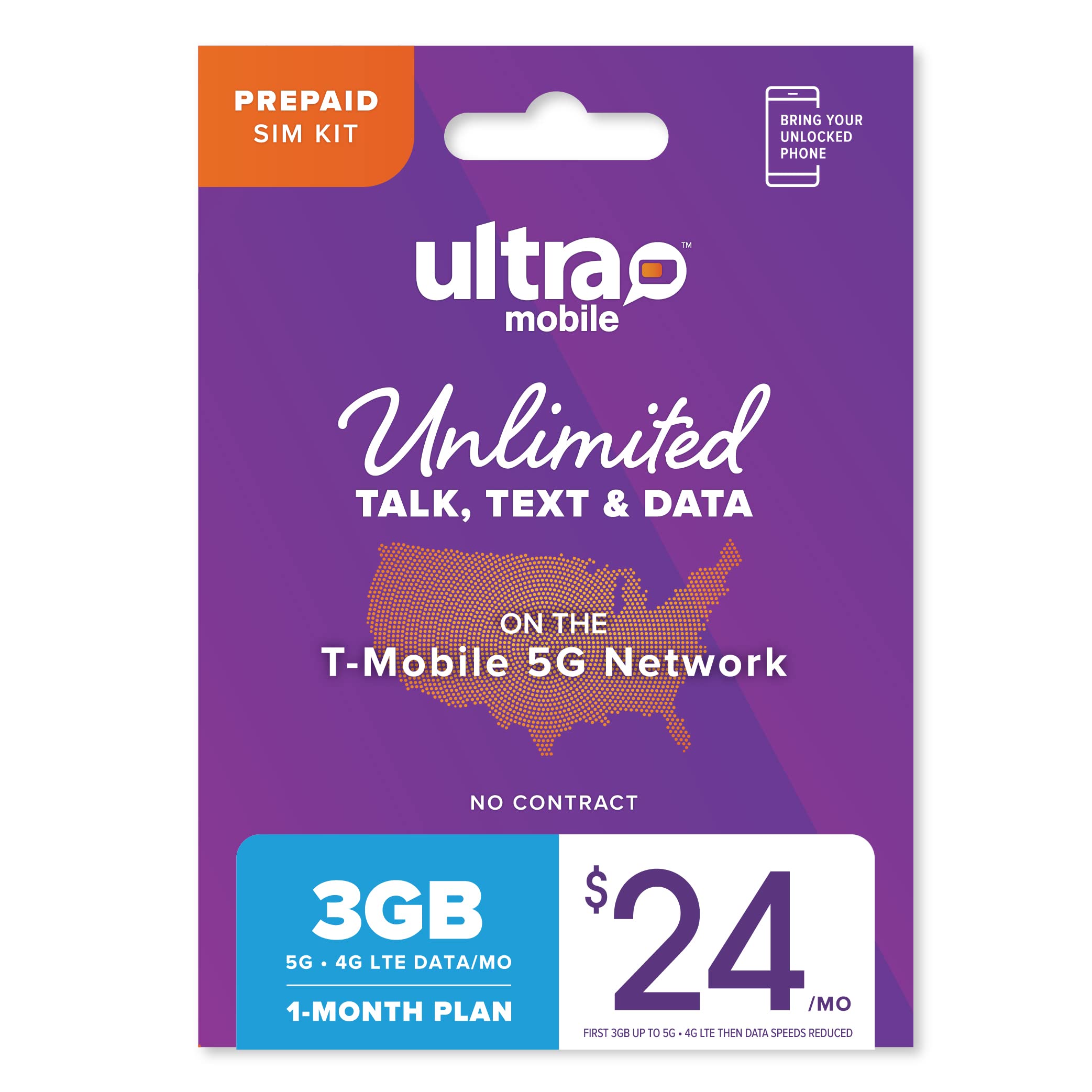 $24/mo. Ultra Mobile Prepaid Phone Plan with Unlimited International Talk, Text and 3GB of 5G • 4G LTE Data