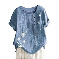 Summer Tops for Women Rolled Short Sleeve Tunic Tshirt Square Neck Blouse Cute Floral Print Tee Trendy Aesthetic Button Shirt