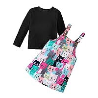 Toddler Girl Long Sleeve Cat Print Suspenders Dress Solid Color Knit Top Set for Baby Girl Clothes with