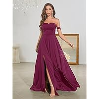 Women's Dress Dresses for Women Off Shoulder Split Thigh Prom Dress Dress (Color : Purple, Size : Large)