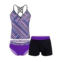 iiniim Kids Girls 3 Piece Swimsuit Floral Bohemian Printed Swimwear Sport Swim Shorts Tankini Top