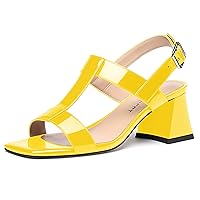 Women's Evening Slingback Patent Square Open Toe Solid Dress Chunky Mid Heel Heeled Sandals 2.5 Inch