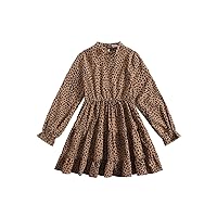 MakeMeChic Girl's Leopard Mock Neck Long Flounce Sleeve A Line Swing Tunic Dress Coffee Brown 9Y