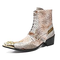 Men's Genuine Leather Metal Square Lion Toe Sequins Mid Top Boots Fashion Casual Comfort Novelty Exquisite Snake Skin Texture Buckle Chain Strap Ankle Western Boots
