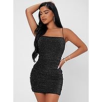 Dresses for Women Backless Ruched Glitter Bodycon Dress (Color : Black, Size : Small)