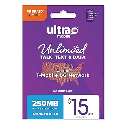 $15/mo. Ultra Mobile Prepaid Phone Plan with Unlimited International Talk, Text and 250MB of 5G • 4G LTE Data
