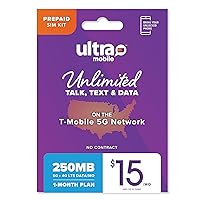 Ultra Mobile $15/mo Prepaid Phone Plan with Unlimited International Talk, Text and 250MB of 5G • 4G LTE Data
