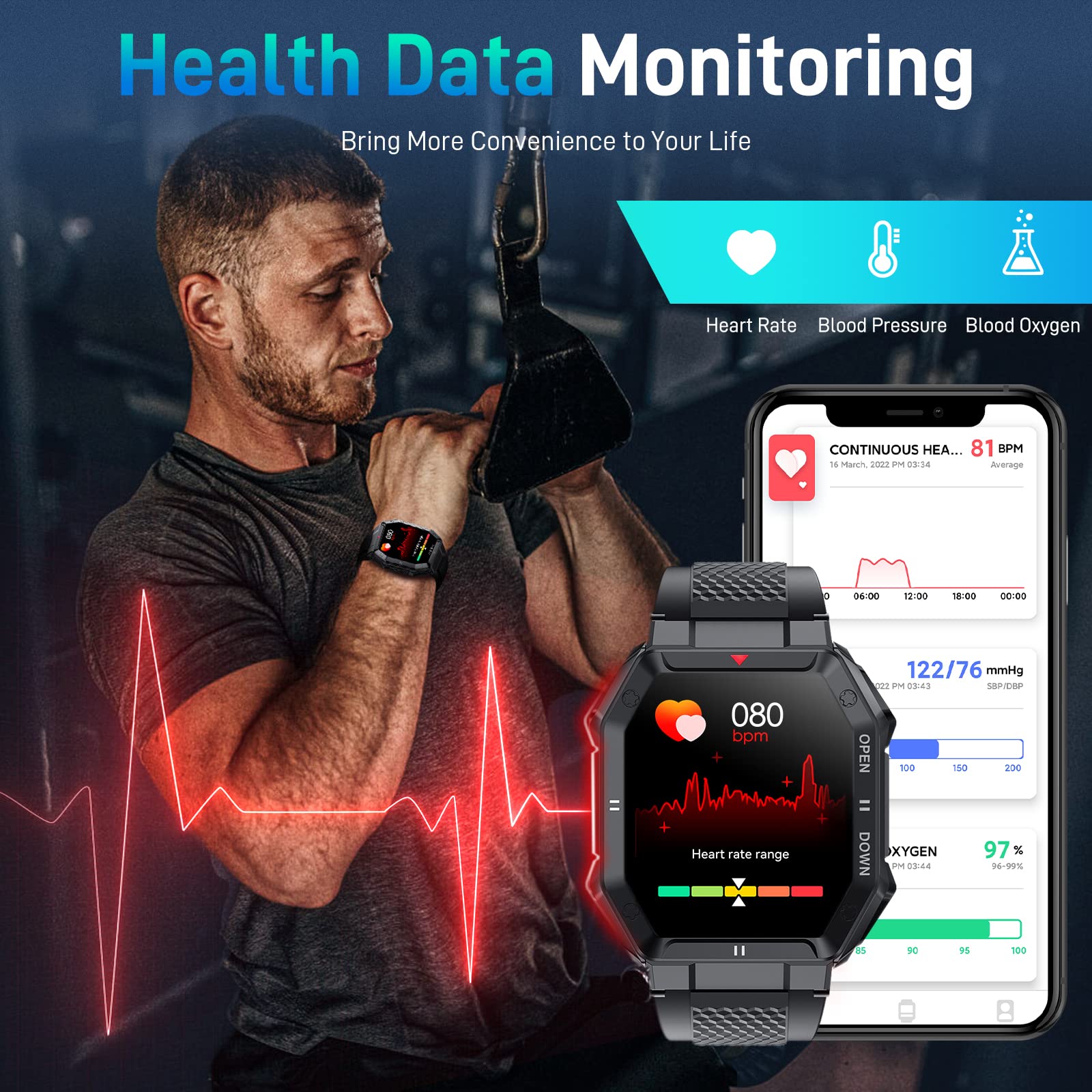 Bassizo Smart Watch for Men (Answer/Make Call), 1.85 Inch HD Outdoor Military Tactical Sports Watch, Fitness Tracker Smart Watch with Heart Rate Blood Pressure Sleep Monitor for iPhone Android Phone