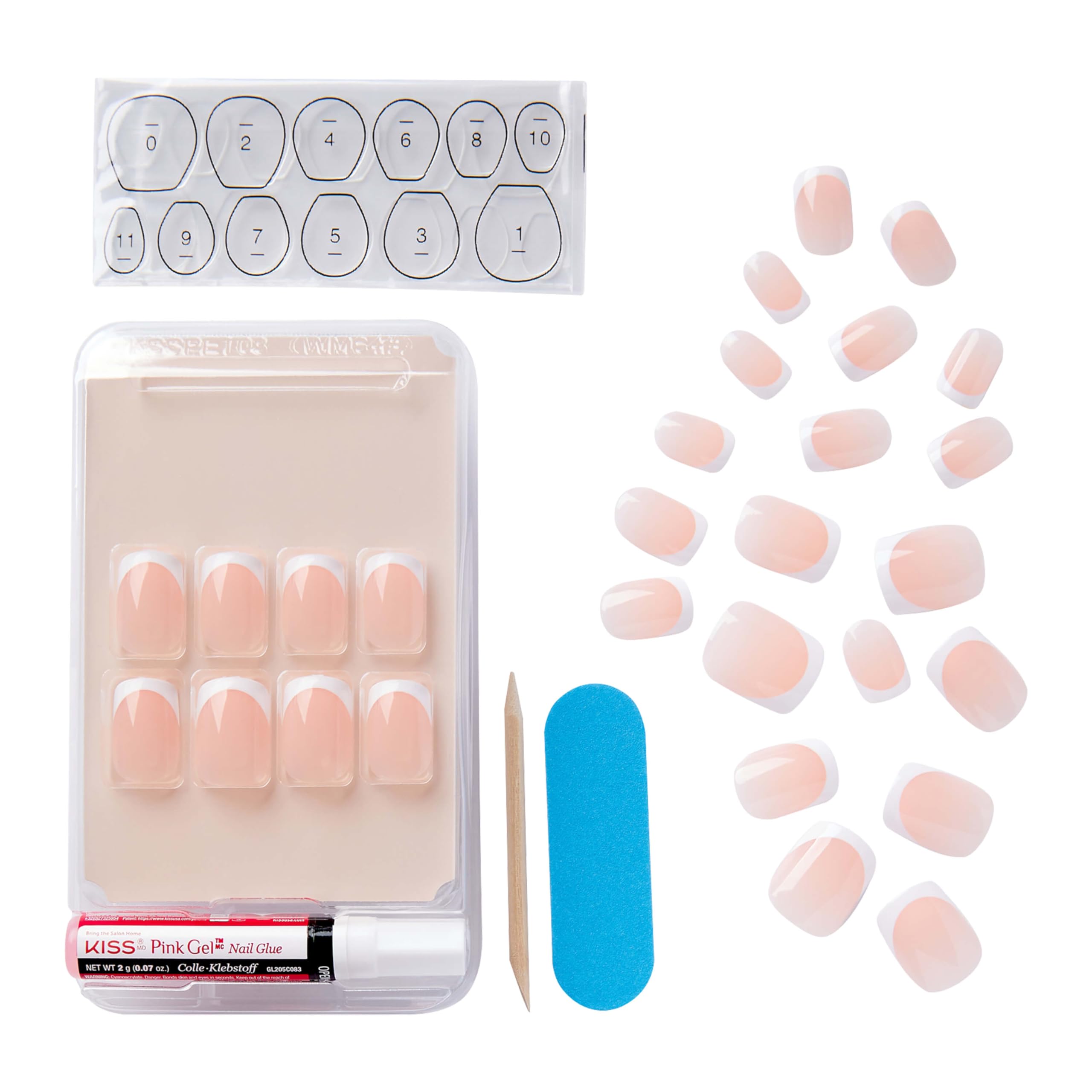 KISS Salon Acrylic Press On Nails, Nail glue included, 'Bonjour', Nude/ White, Short Size, Squoval Shape, Includes 28 Nails, 2g Glue, 1 Manicure Stick, 1 Mini File