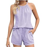 Summer Lounge Wear Sets For Women UK Summer 2 Piece Sets Casual Shorts Outfits Hanging Neck Collar Sleeveless Clothes Vacation Beachwear Ladies Summer Pants Athletic Workout Lounge