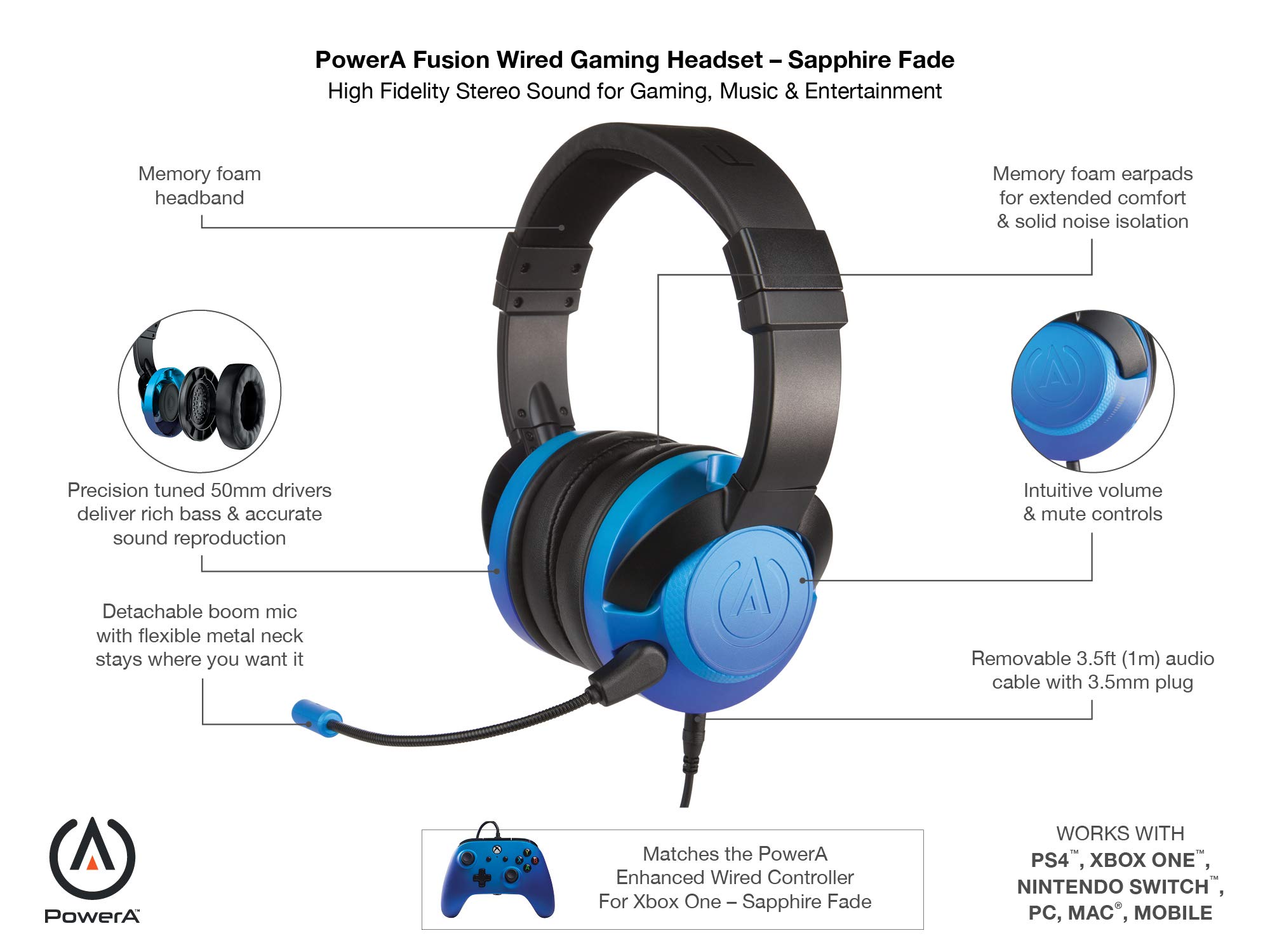 PowerA Fusion Wired Stereo Gaming Headset with Mic for PlayStation 4, Xbox One, X, Xbox One S, Xbox 360, Nintendo Switch, PC, Mac, VR, Android, and iOS - Sapphire Fade - Xbox 360; Xbox