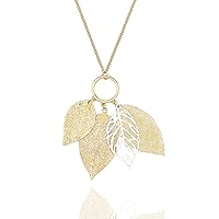 POMINA Gold Silver Two Tone Filigree Fall Leaf Pendant Long Necklace Chic Sweater Chain Statement Necklace for Women