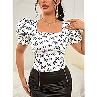 Womens Summer Tops Sexy Casual T Shirts for Women Allover Butterfly Print Puff Sleeve Top (Color : Multicolor, Size : Medium)