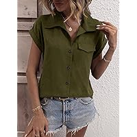 Women's Tops Women's Shirts Batwing Sleeve Flap Detail Shirt Women's Tops Shirts for Women (Color : Army Green, Size : X-Large)