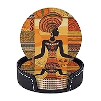 African Woman Printed Drink Coasters with Holder Leather Coasters Set of 6 Tabletop Protection Decorate Cup Mat for Coffee Table Bar Kitchen Dining Room
