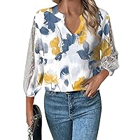 2024 Trendy Lace Skeleton 3/4 Length Sleeve Tops for Women,Summer Casual Loose V Neck Shirts Going Out Print Blouse