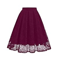 Girstunm Women High Waist Pleated A-Line Knee Length Lace Pockets Skirt