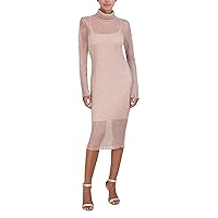 BCBGMAXAZRIA Women's Fitted Bodycon Midi Dress Long Sleeve Mock Neck Pleated Glitter Mesh