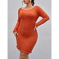 Women's Sweater Dress 2022 Women's Plus Raglan Sleeve Frill Trim Sweater Dress Without Belt Sweater Dress (Color : Orange, Size : X-Large)