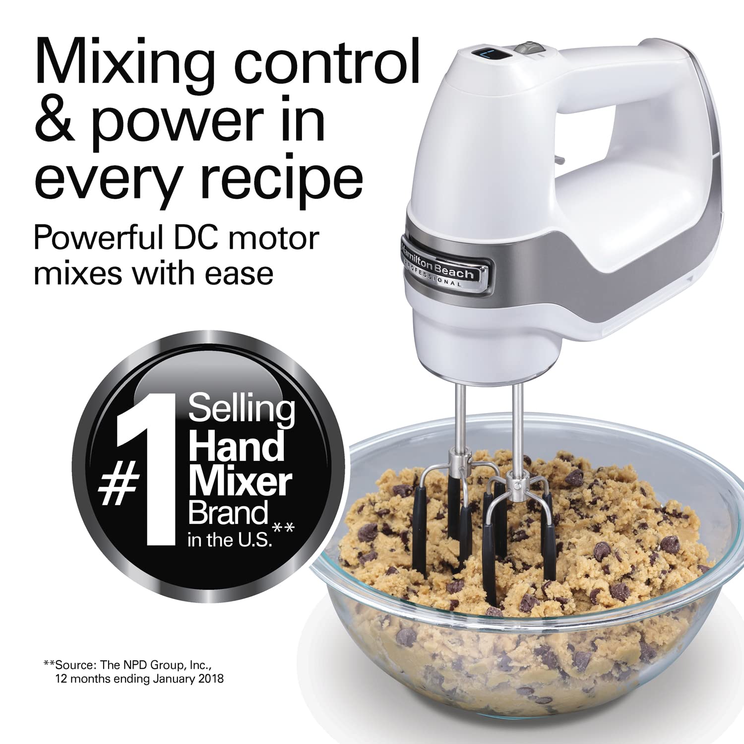 Hamilton Beach Professional 7-Speed Digital Electric Hand Mixer with High-Performance DC Motor, Slow Start, Snap-On Storage Case, SoftScrape Beaters, Whisk, Dough Hooks, White (62656)