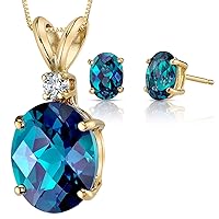 PEORA 14K Yellow Gold Created Alexandrite Pendant and Earrings - Oval Shaped - Pendant 3.30 Carats + Stud Earrings 2 Carats