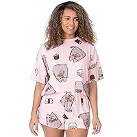 Pusheen Womens Pyjama Set | Ladies Cropped T-Shirt & Shorts Complete Pjs Bundle | Pastel Pink Cartoon Cat Eating Sushi