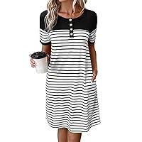 Womens Summer Dresses Striped Print Short Sleeve Tee Dress with Pocket