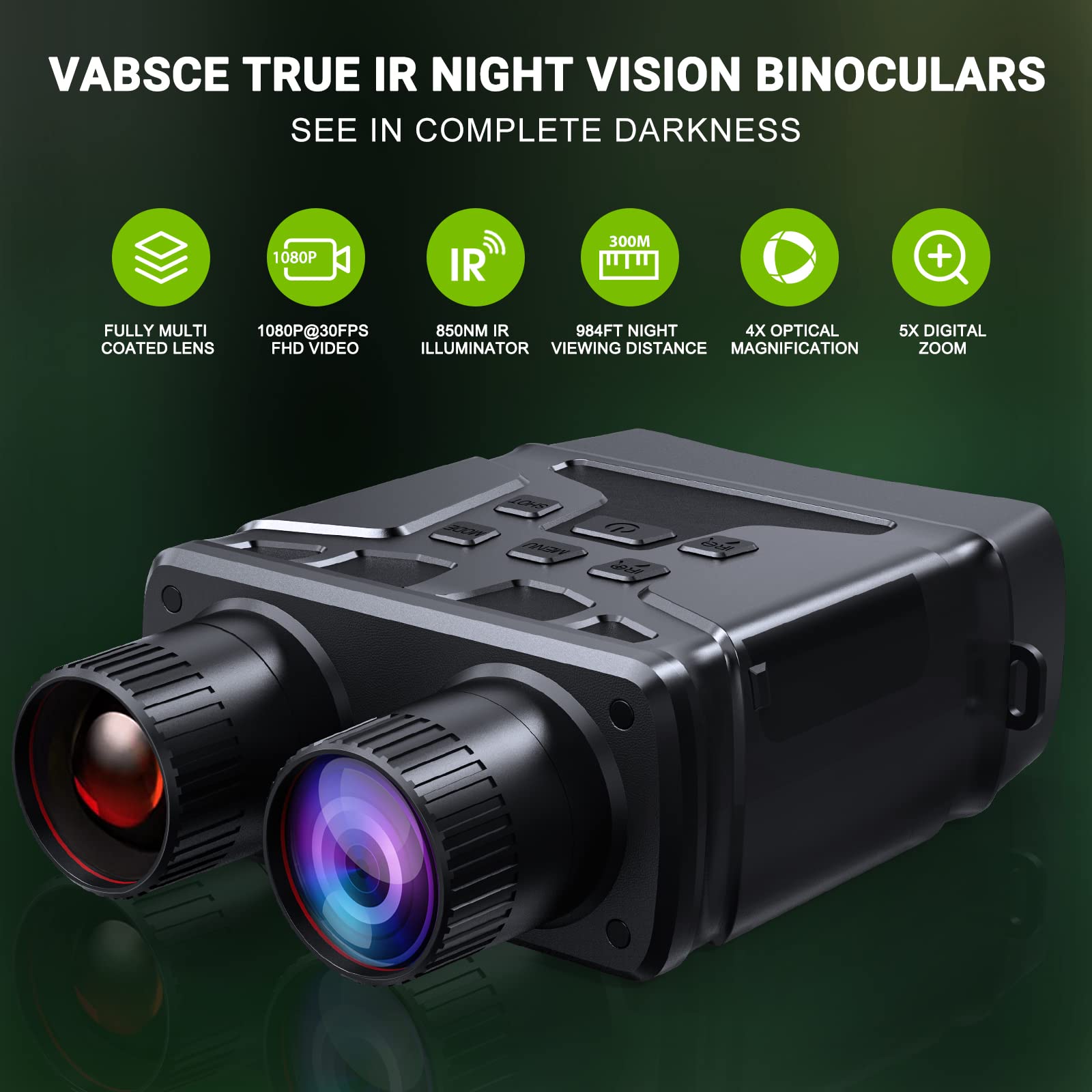 VABSCE Digital Night Vision Binoculars for Complete Darkness, 1080p FHD Video Infrared Night Vision Goggles for Hunting, Camping, Travel, Surveillance, Spy, with 32 GB Micro SD Card