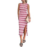 PRETTYGARDEN Women's Summer Bodycon Sundresses Casual Midi Sleeveless Hollow Out Knit Side Slit Striped Long Tank Dress